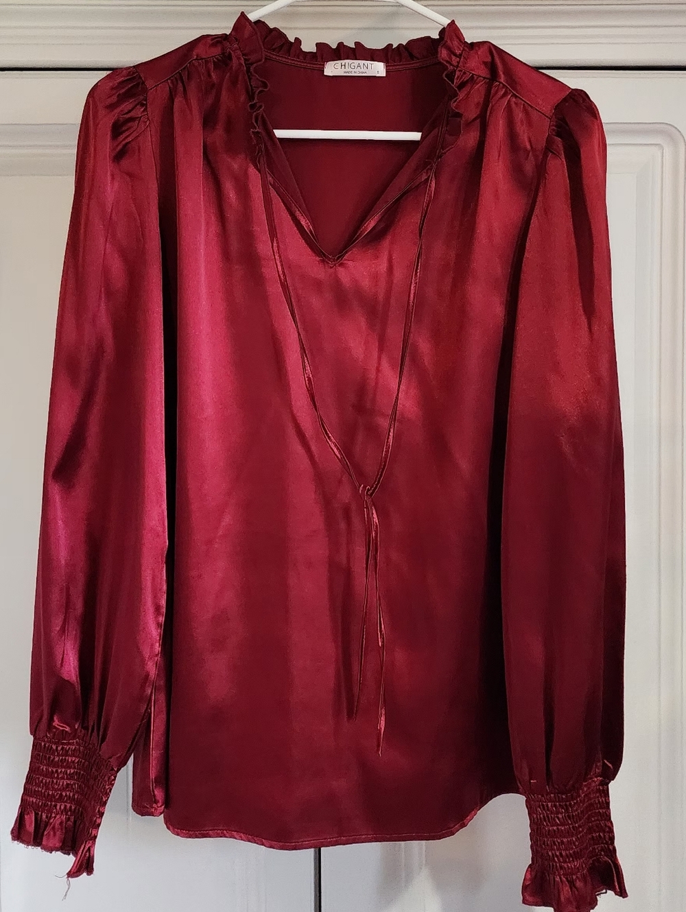 chic Ruffled V-Neck Satin Blouse in Wine Red